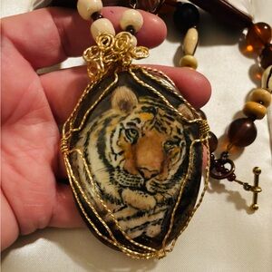 Hand Painted Tiger Pendant Necklace with Gold Accents